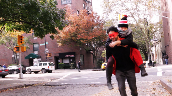 Still from film Object Man. Running while carrying someone in a piggy-back